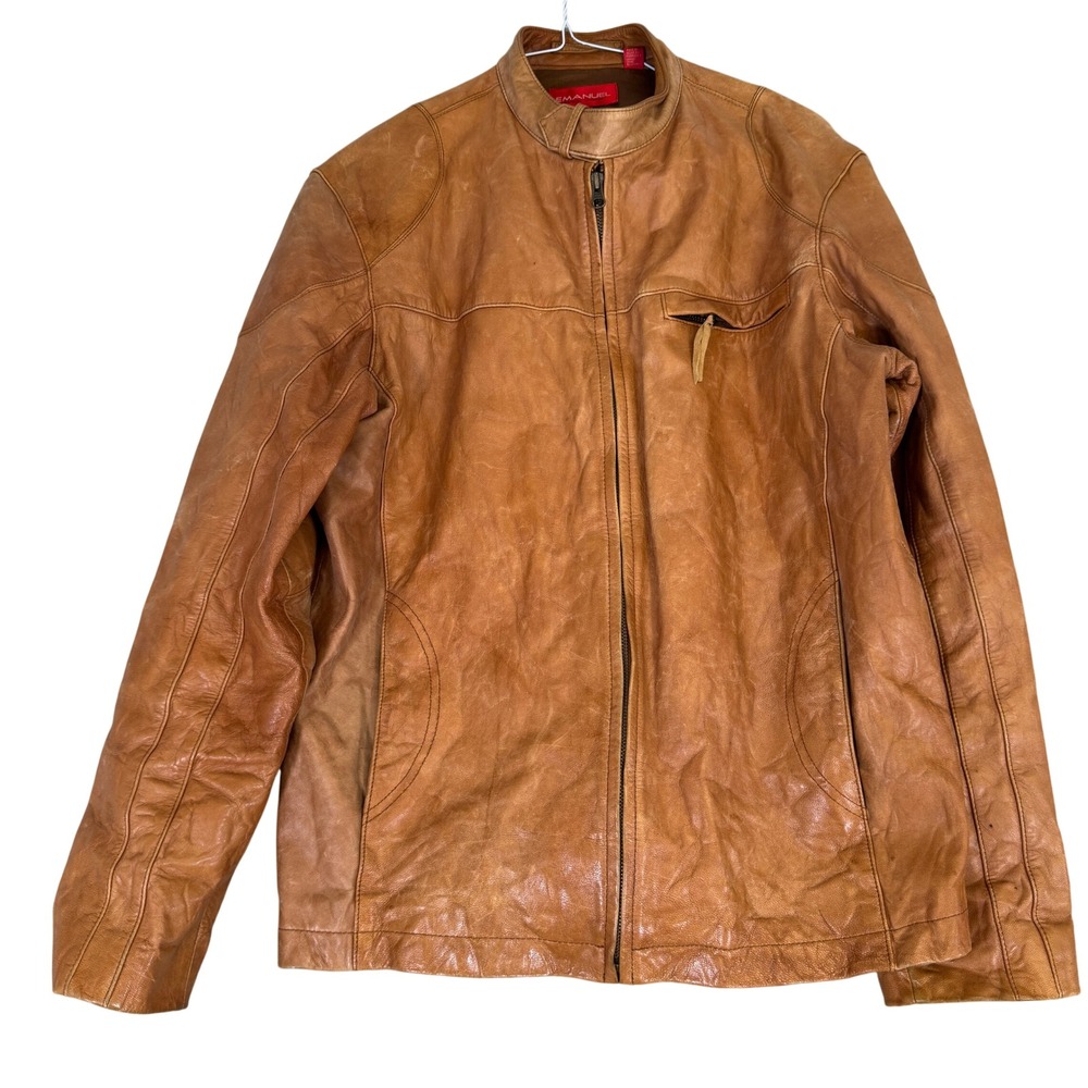 Emanuel Ungaro Mens Tan Leather Cafe Racer Jacket Size M Caramel Brown
